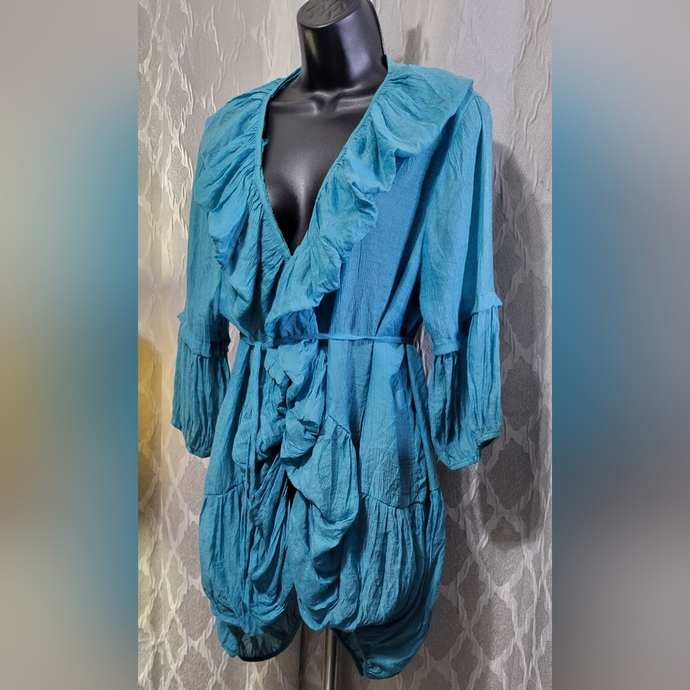 Boho Turquoise Ruffle Front Cardigan | Sheer Crinkle Open Front